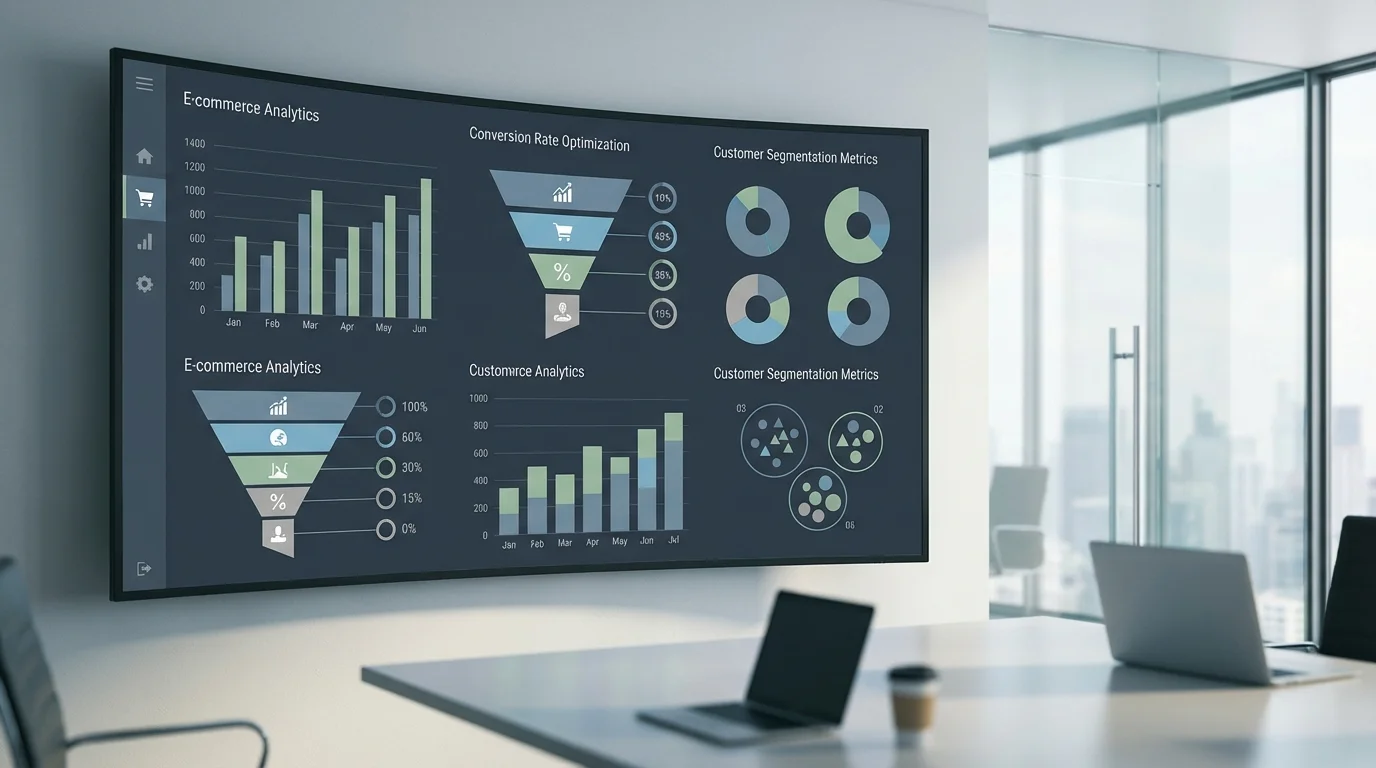 A detailed digital dashboard showing e-commerce analytics, conversion rate optimization data, and customer segmentation metrics used for strategic decision making in platform selection.