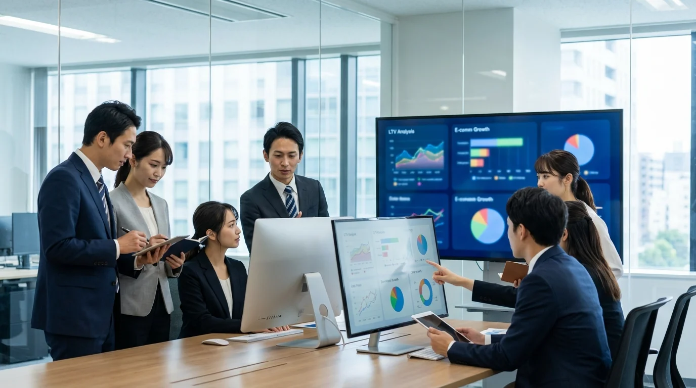A professional environment showing team members analyzing customer lifetime value data and e-commerce growth strategies on multiple high-resolution displays.