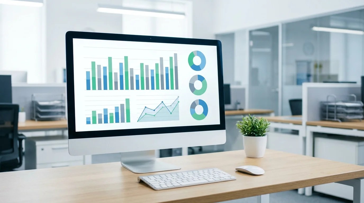 A professional dashboard showing digital marketing analytics, return on investment graphs, and e-commerce sales performance metrics on a high-resolution screen in a modern office setting.