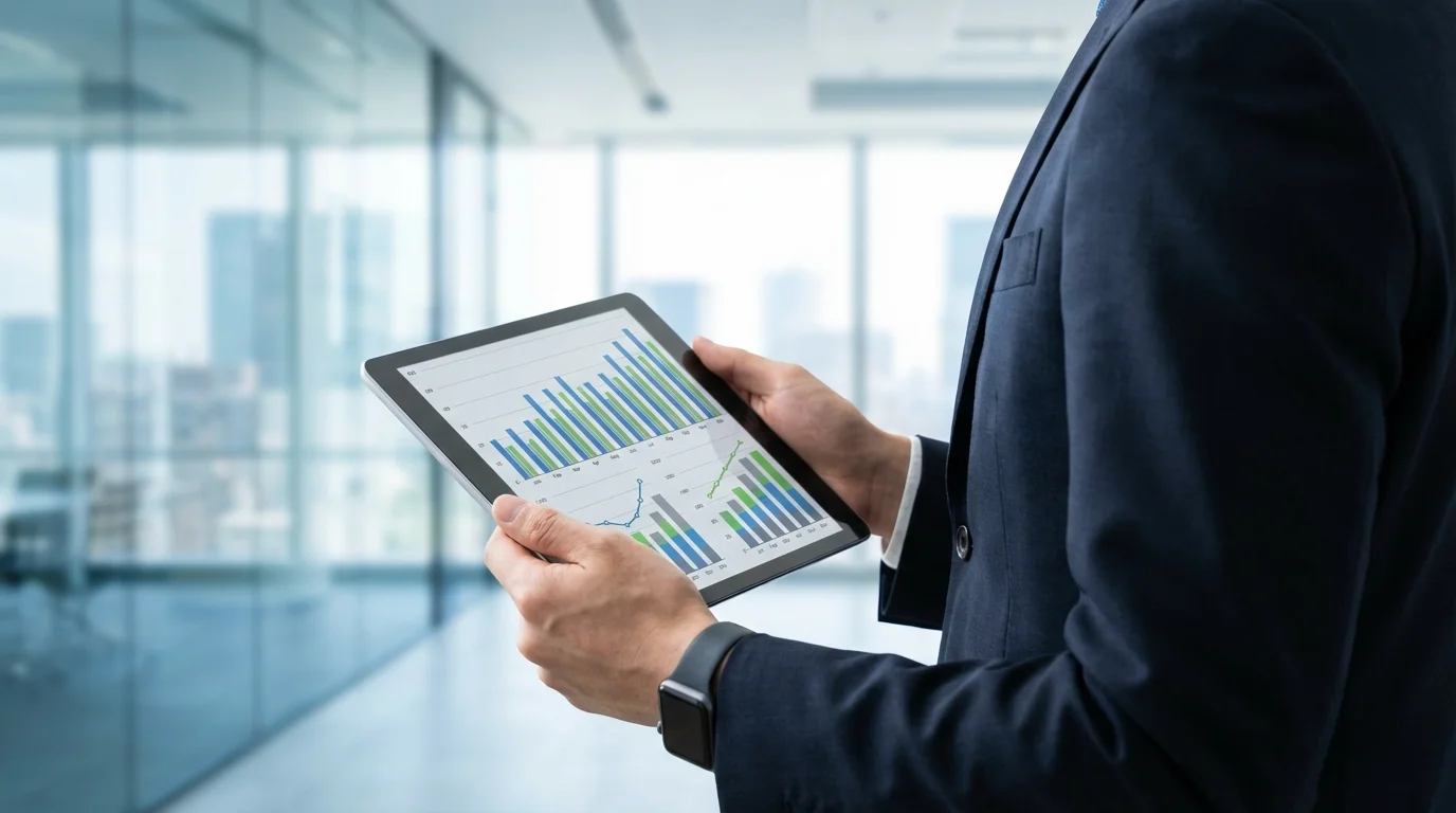 Detailed financial bar charts and line graphs representing monthly recurring revenue and advertising spend efficiency, displayed on a tablet held by a business professional in a corporate environment.