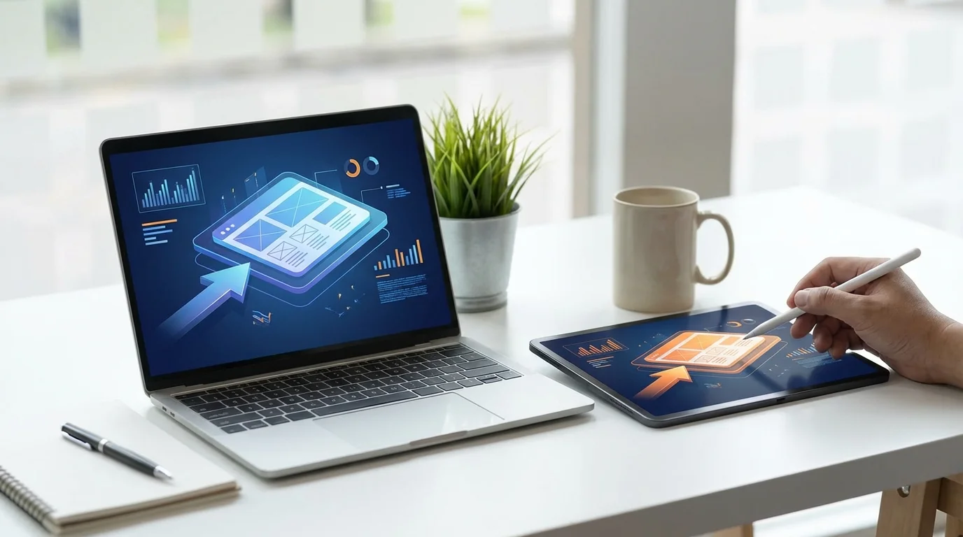 A conceptual visual showing a digital comparison of two e-commerce platforms on a clean desk with a laptop and a tablet, representing strategic platform selection.