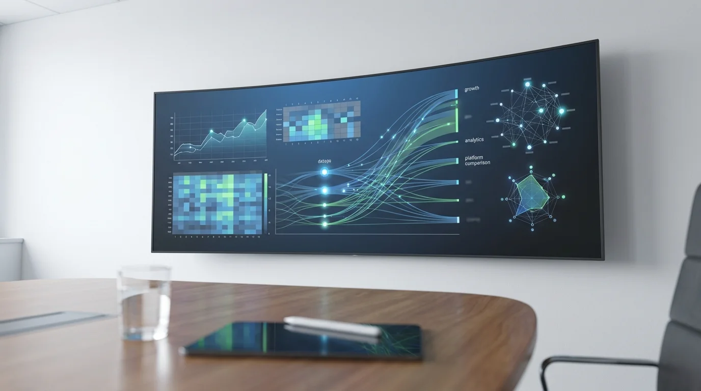 Data visualization dashboard showing business growth metrics and e-commerce analytics, illustrating the technological depth required for platform comparison and strategic decision making.