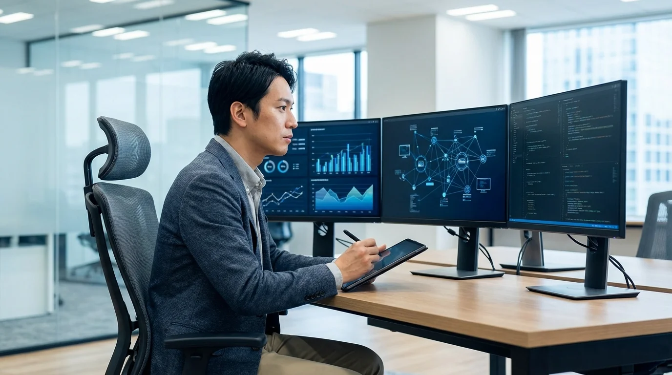 A professional business analyst examining complex data structures on multiple screens, representing the technical scalability and integration capabilities of modern EC platforms.