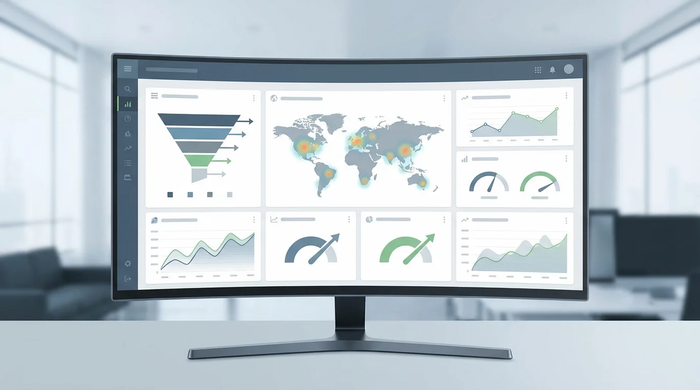 Advanced data visualization dashboard showing e-commerce conversion metrics, user behavior heatmaps, and performance indicators for high-scale digital storefronts.