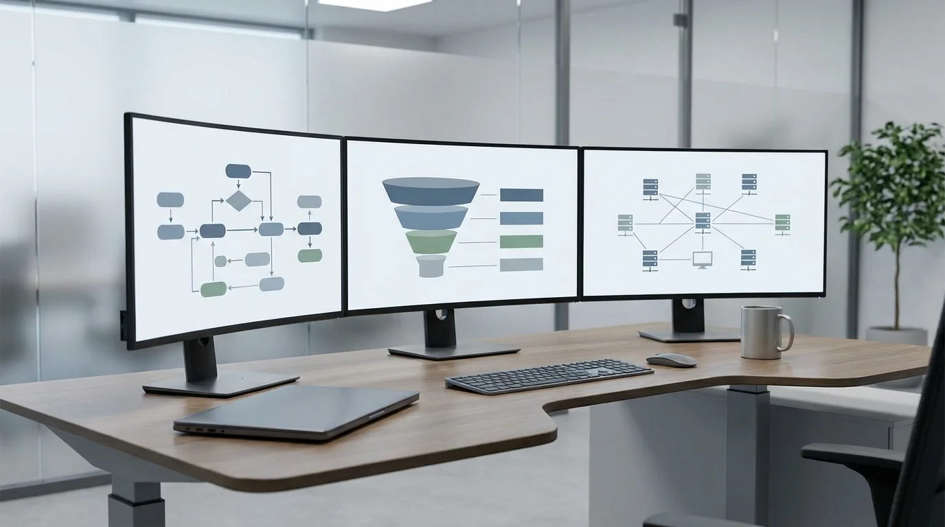 Professional workspace featuring multiple monitors displaying complex software architecture, user flow diagrams, and conversion funnel analysis for global e-commerce optimization.