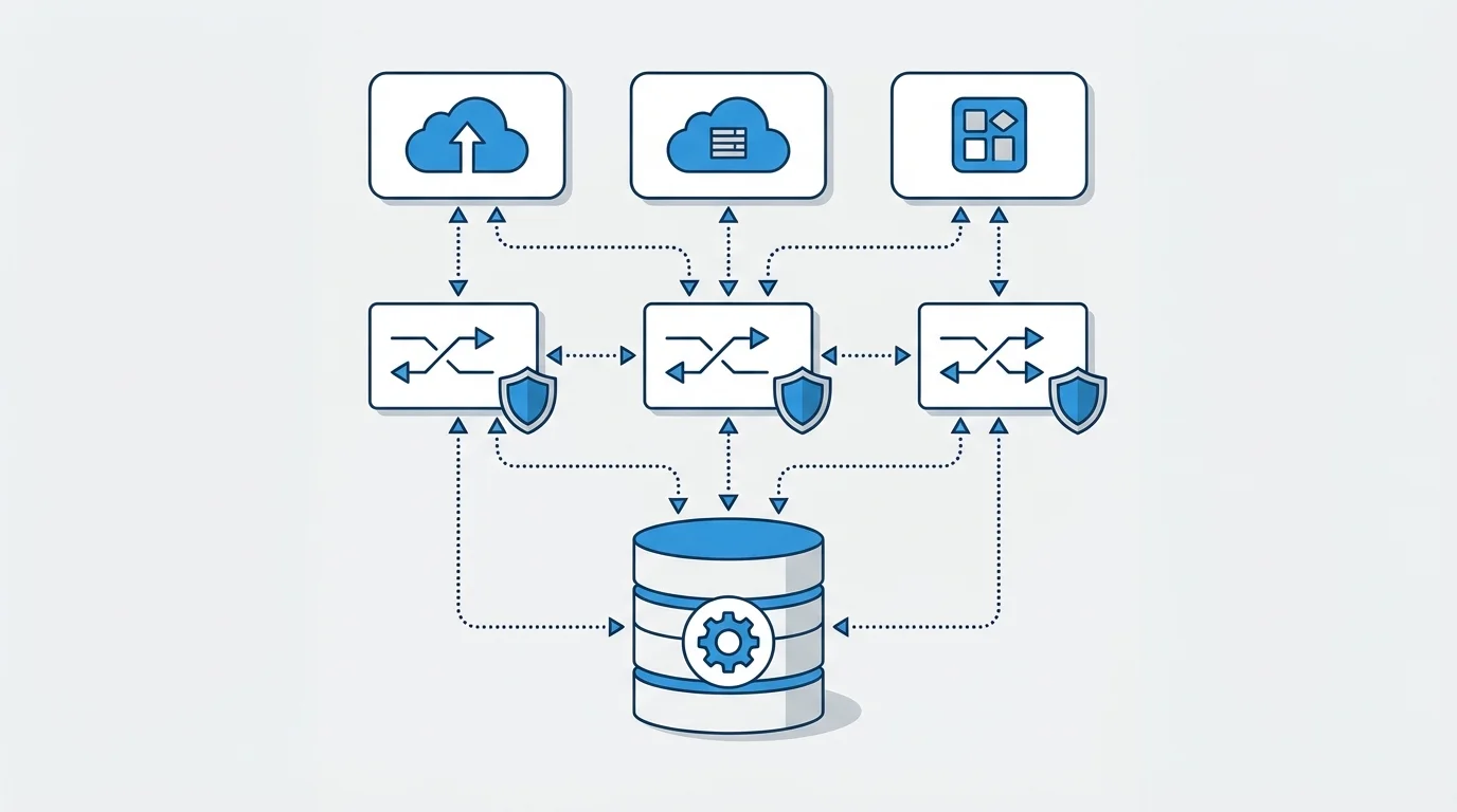 Technical architectural diagram of an e-commerce backend system showing how third-party applications interface with a core database through secure API layers to optimize business logic and data flow.