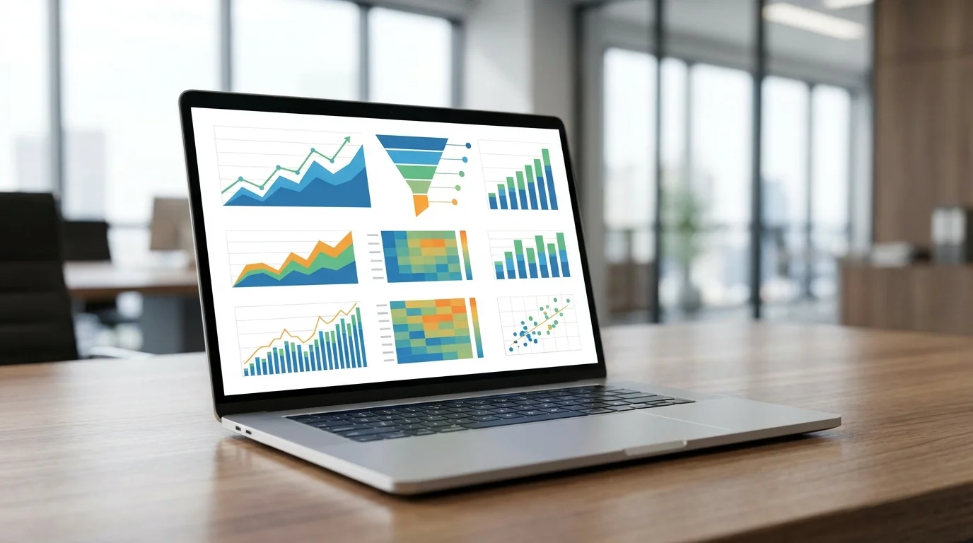 Professional business data analysis showing a laptop screen with complex performance metrics and conversion rate optimization charts focused on user behavior and digital sales growth.