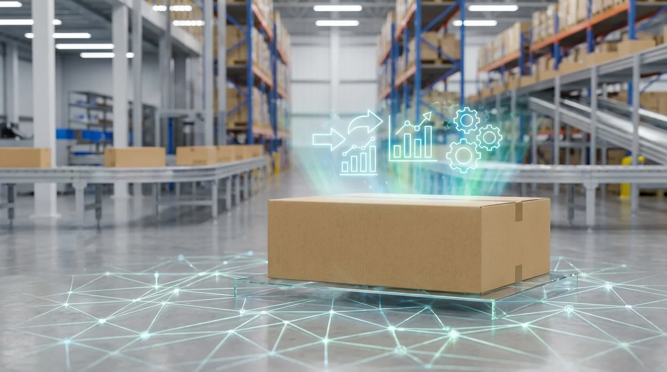 A conceptual visual representing logistics and digital commerce optimization, showing a package with a glowing digital interface reflecting shipping speed and cost-efficiency in a modern warehouse setting.