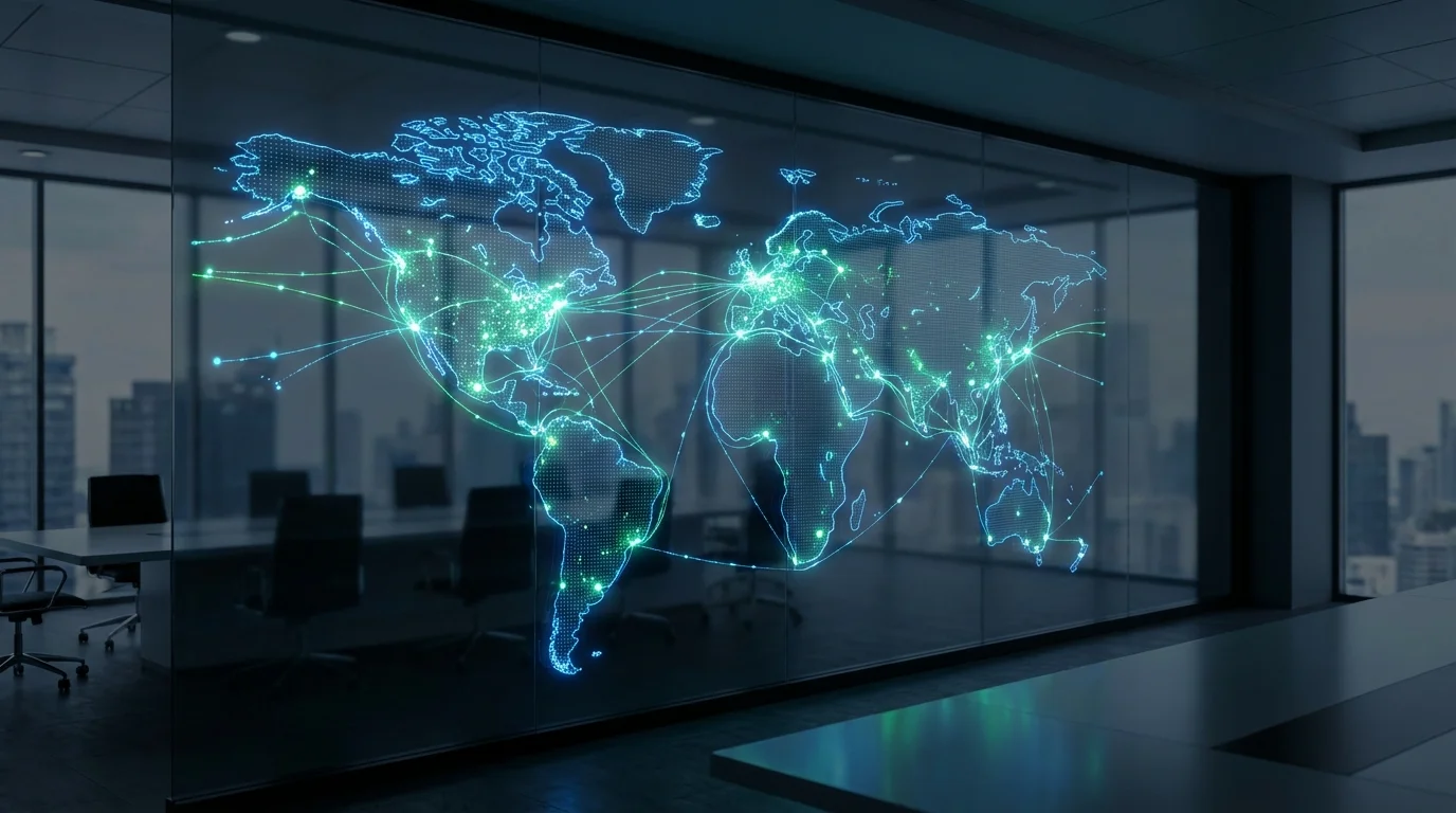 High-tech logistics visualization showing data points moving across a global map, representing real-time shipping tracking and supply chain management efficiency for enterprise e-commerce platforms.