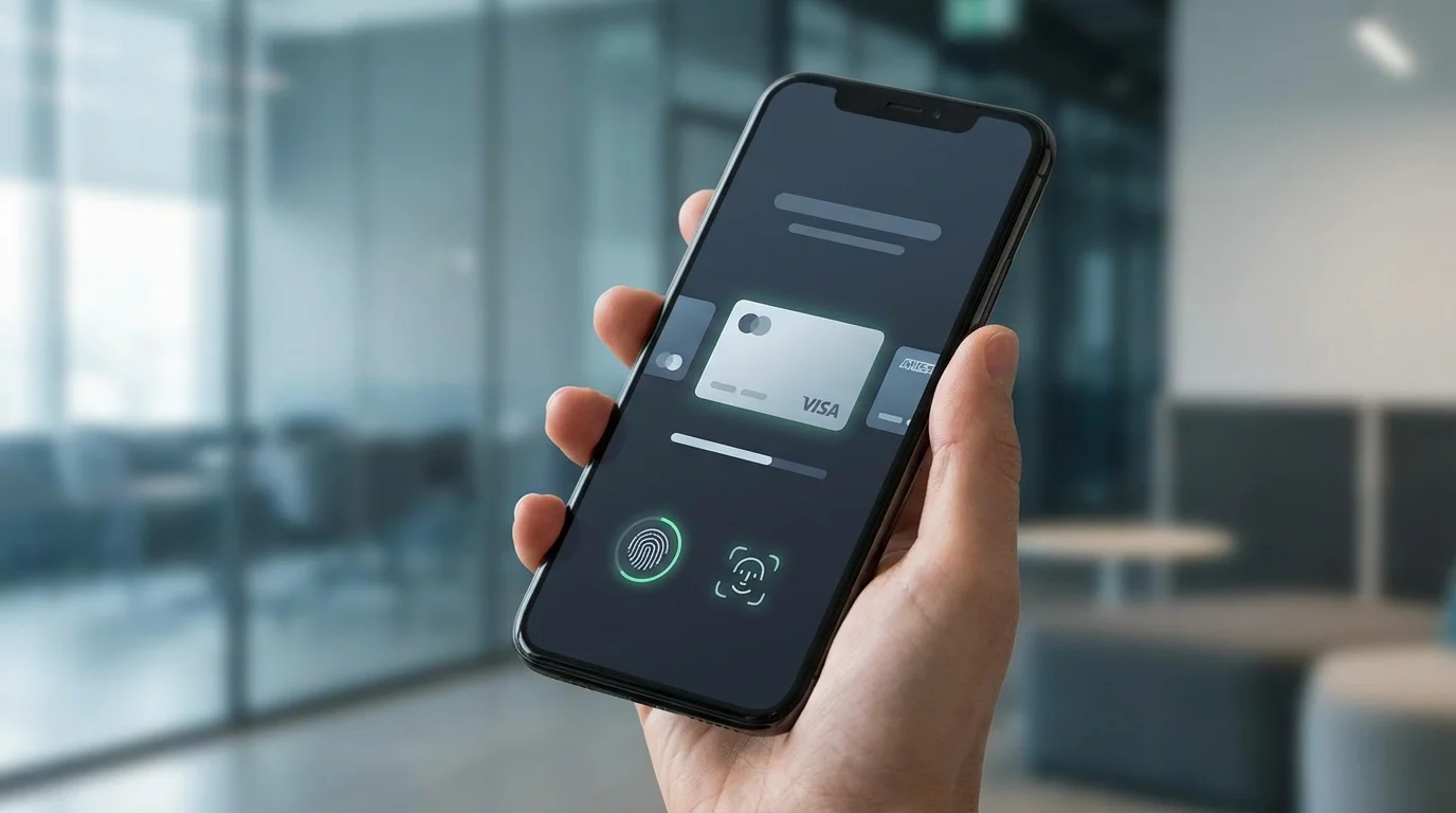 A clean and modern digital payment interface showing a seamless checkout process on a mobile device with various credit card icons and biometrics authentication symbols.