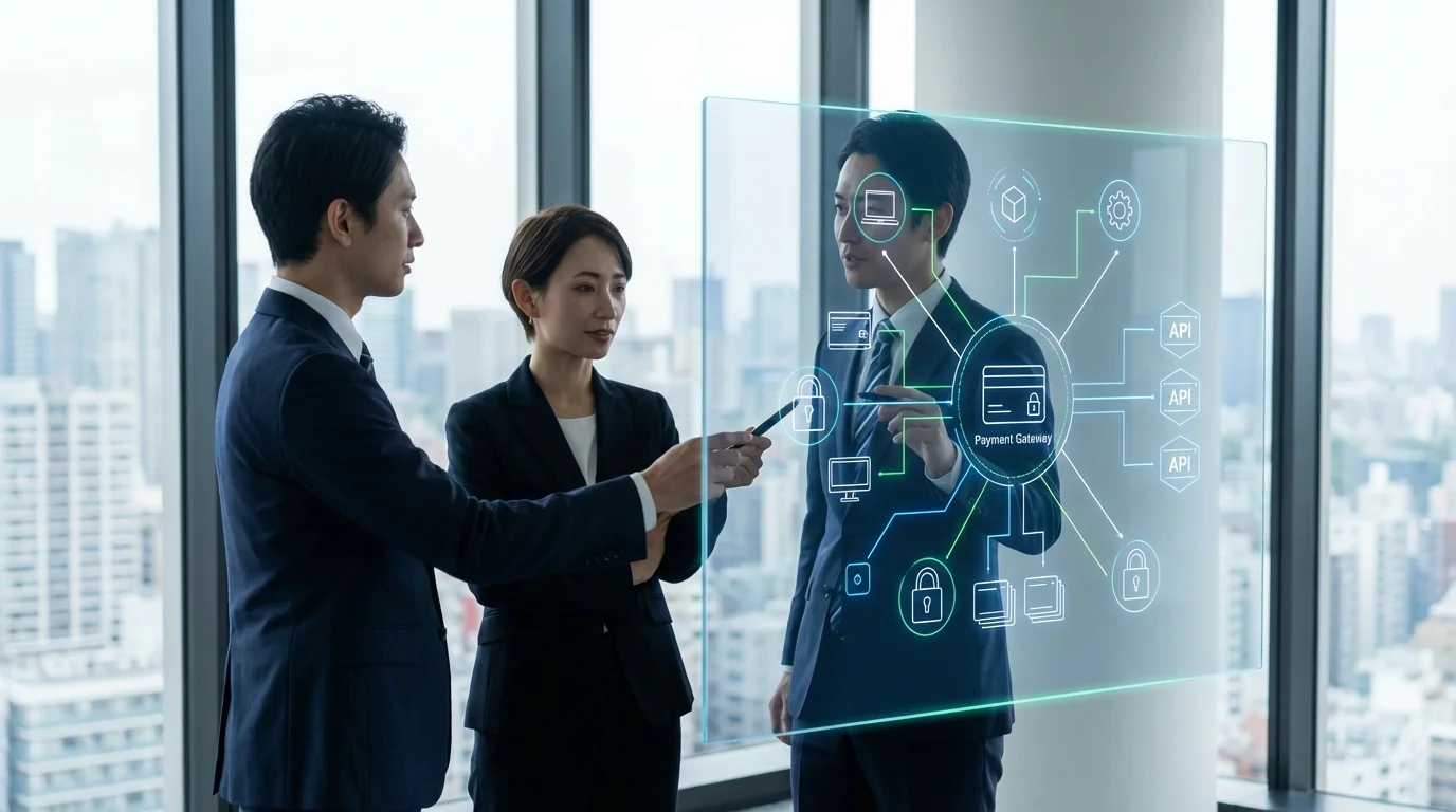 High-tech e-commerce backend architecture diagram focusing on payment gateway integration, API endpoints for transaction processing, and data security protocols in a professional business environment.