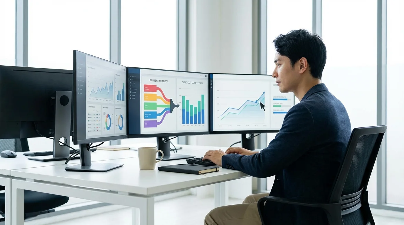 A professional data analyst reviewing e-commerce conversion rate metrics on a multi-monitor setup, highlighting the correlation between payment method variety and checkout completion speed.