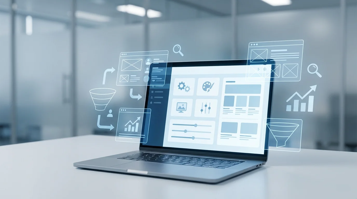 A conceptual visual showing a modern laptop screen displaying the Shopify admin dashboard with a focus on Online Store customization settings, surrounded by abstract UI and UX design elements and conversion rate optimization symbols.