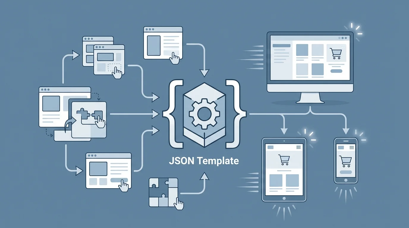 A detailed technical illustration of the Online Store 2.0 architecture, showing how drag-and-drop sections and blocks interact within a JSON template to create a responsive and high-performance e-commerce user interface.
