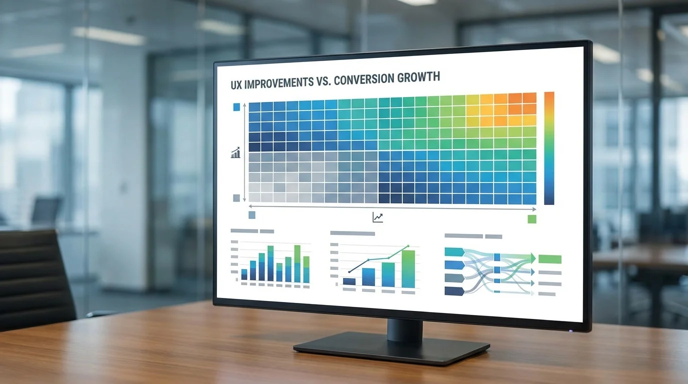 A professional business data visualization showing the correlation between user experience design improvements and conversion rate growth in an e-commerce environment, featuring clean typography and data-driven heatmaps.