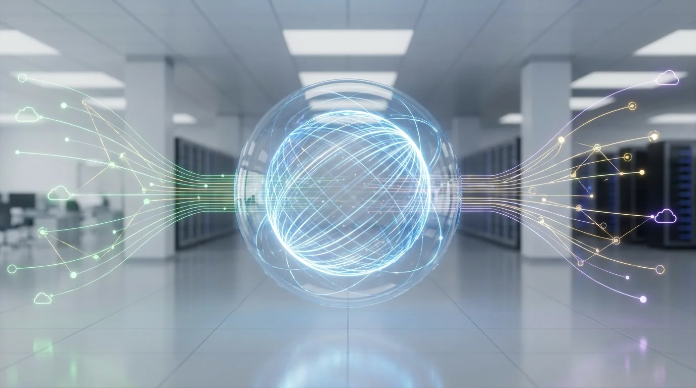 A conceptual visual showing a central digital hub connecting multiple e-commerce data streams representing an order management system architecture. No brand elements.