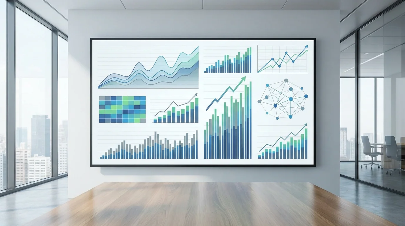 A professional dashboard displaying complex data analytics and e-commerce growth metrics without any specific brand symbols.