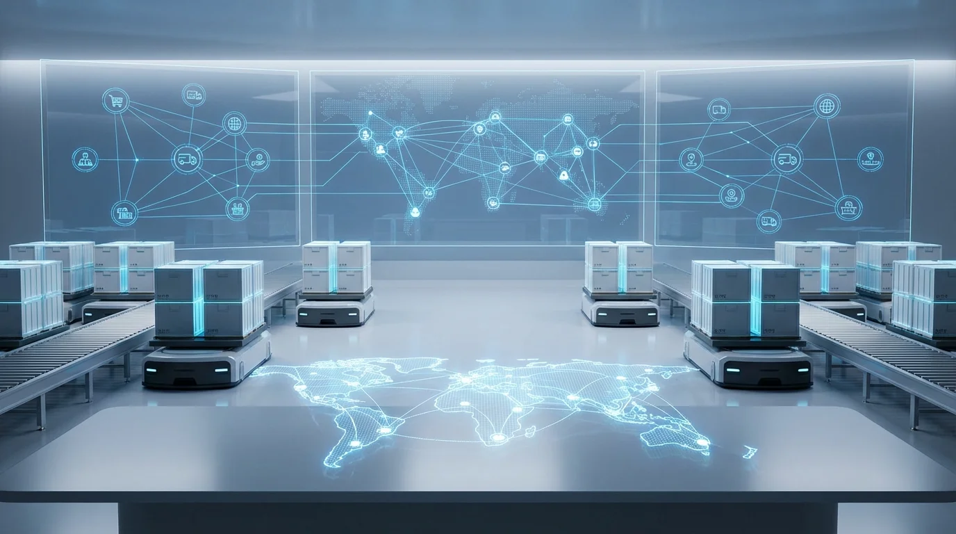 Advanced logistics management concept showing automated inventory tracking system and digital supply chain network. No company marks.