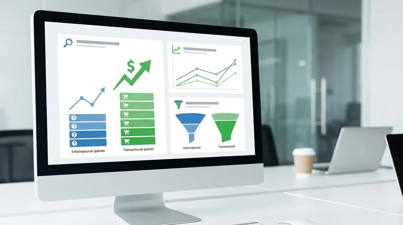 Detailed dashboard showing search query intent classification with high conversion rates for transactional keywords compared to informational ones in a professional e-commerce marketing environment.
