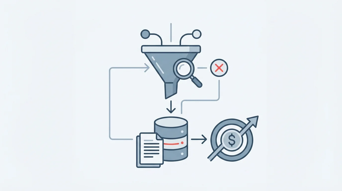 A technical diagram illustrating the process of filtering out irrelevant search traffic using negative keyword lists to optimize advertising spend and increase return on investment for online stores.