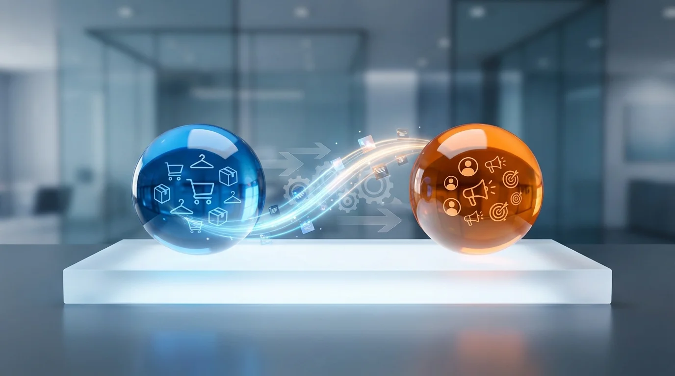 A conceptual visual of data synchronization between an e-commerce platform and a social media advertising backend, emphasizing automated product feed management and catalog integration.