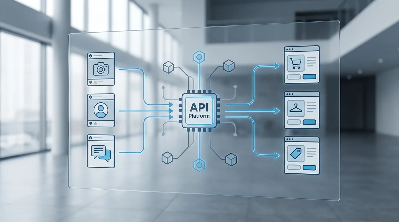 Technical architecture visualization of an API-driven UGC platform syncing social media content with e-commerce product detail pages for real-time visual commerce.