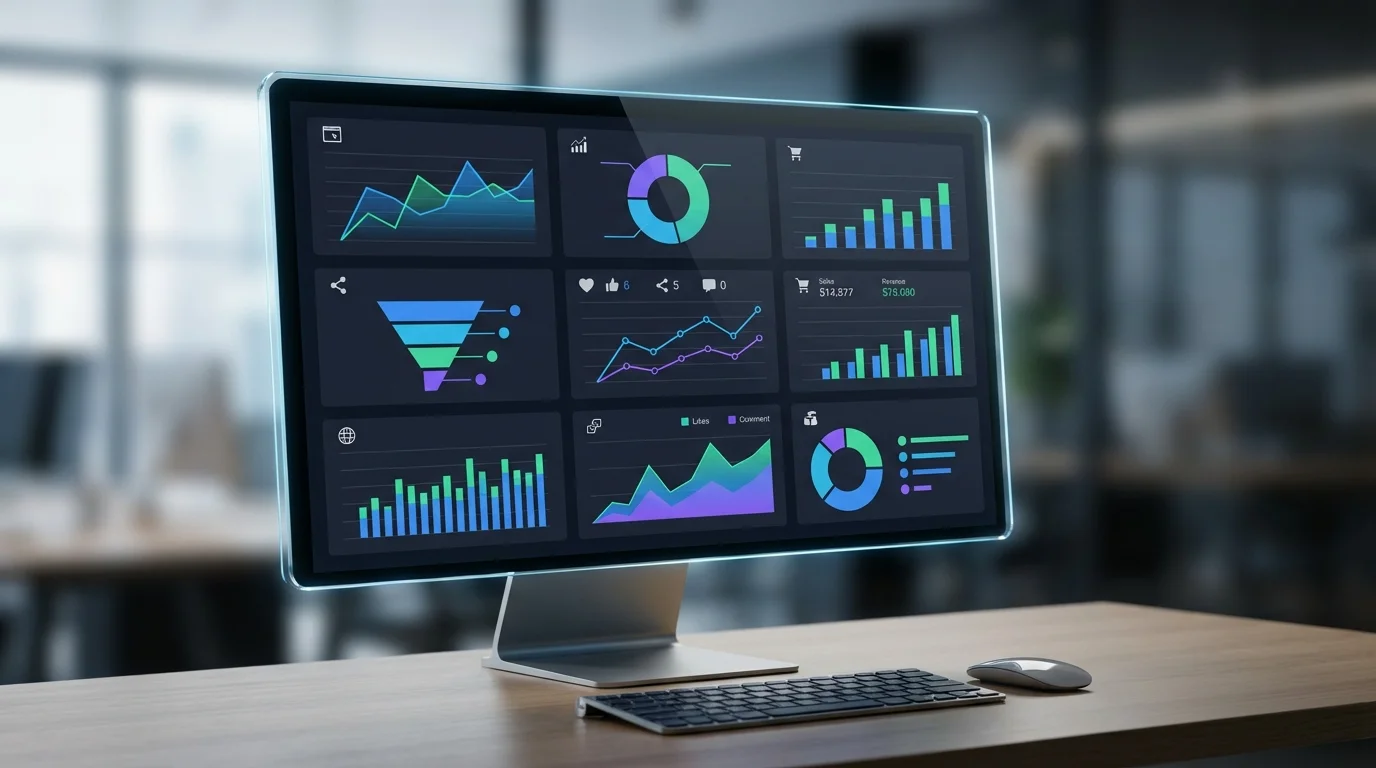 Data analysis visualization showing digital marketing metrics, social media engagement charts, and e-commerce growth statistics on a professional dashboard.