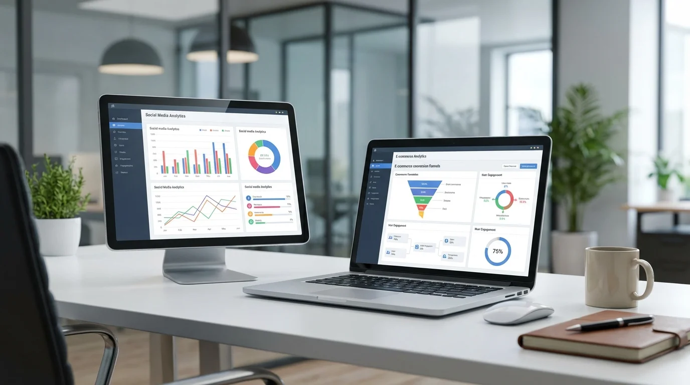 Professional digital marketing workspace with a tablet displaying social media analytics and a laptop showing e-commerce conversion funnels and user engagement data.