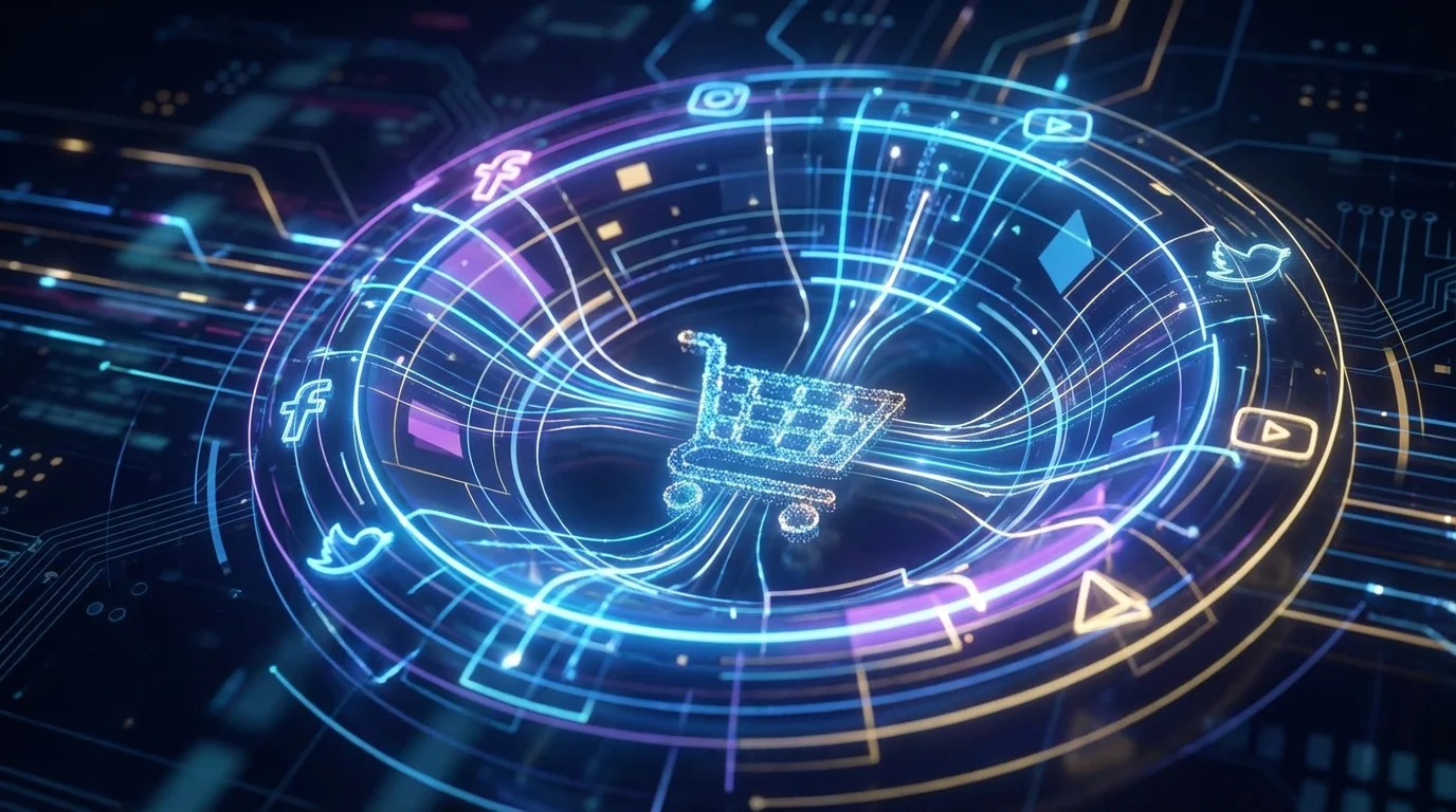 Abstract representation of a digital marketing funnel with glowing lines of data connecting social media icons to a central shopping cart symbol, symbolizing conversion.