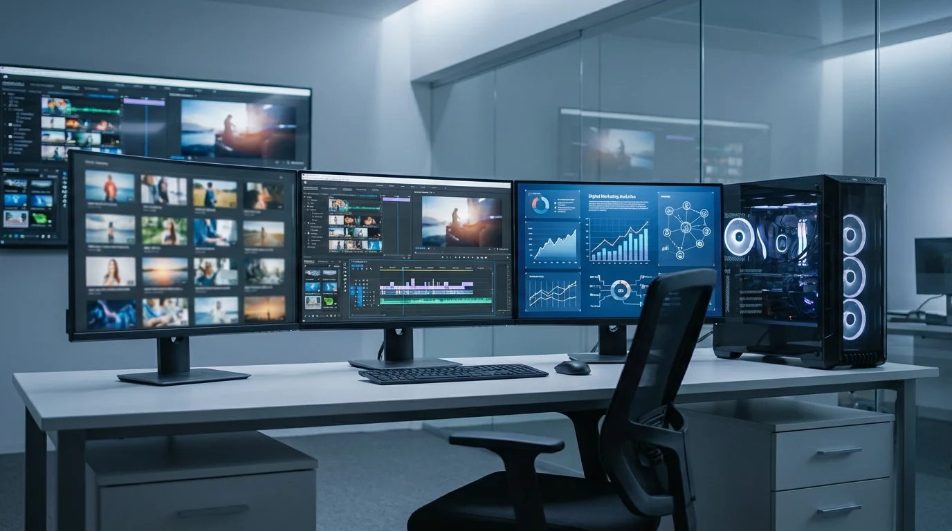High-tech workspace with professional editing software displaying video content, emphasizing the technical aspects of user-generated content processing and digital marketing integration.