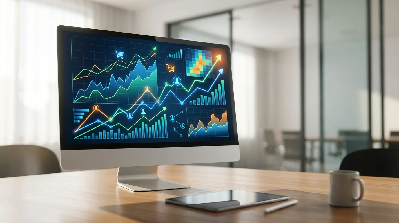 Business data visualization and growth charts on a digital screen, illustrating the correlation between customer engagement data and long-term business value in ecommerce.