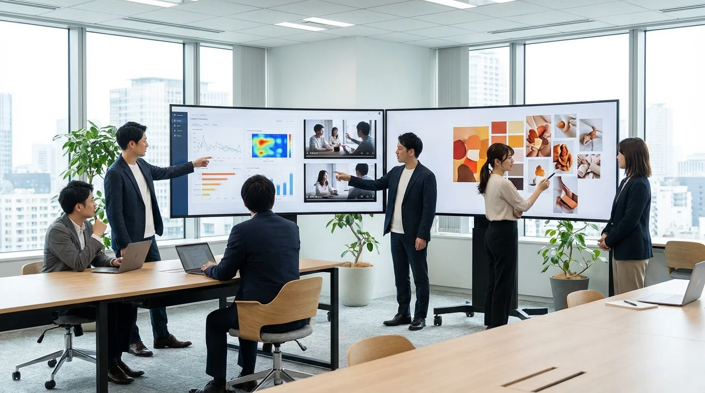 Professional digital marketing team analyzing consumer behavior data on large screens to develop an emotional branding strategy for an e-commerce platform.