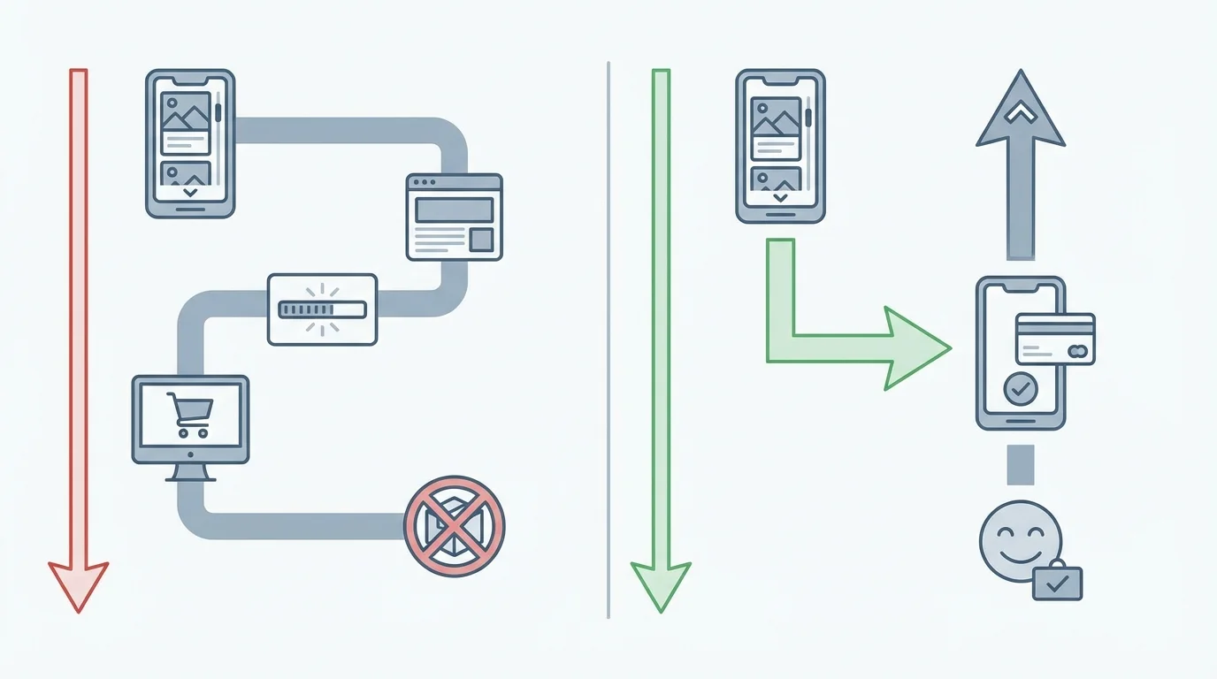 A technical diagram illustrating the user experience flow from social media feed scrolling to in-app checkout, highlighting reduced friction and higher conversion potential compared to traditional web-based e-commerce.