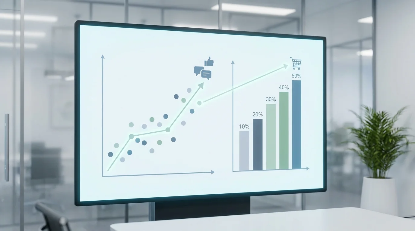 Business data visualization showing the correlation between User Generated Content engagement and direct sales conversion rates on social platforms, demonstrating the power of social proof in modern retail.