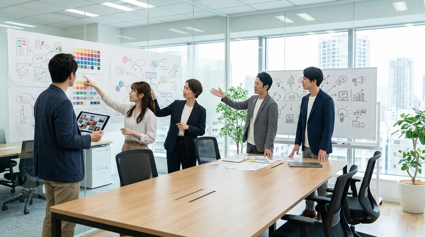 Creative team brainstorming strategic branding concepts in a modern office, focusing on storytelling and visual identity for a new digital-first consumer product.