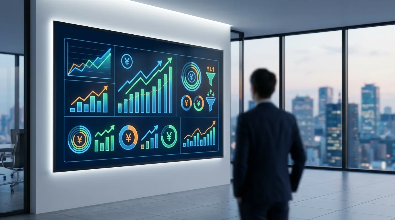 Digital marketing analytics dashboard displaying e-commerce sales performance, customer acquisition costs, and conversion rate optimization metrics for global business scaling.