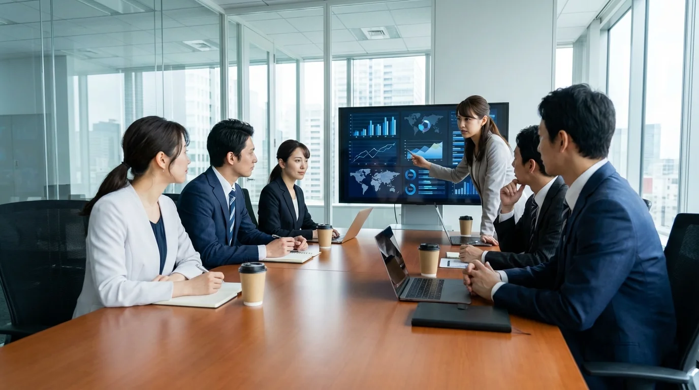 A diverse group of professionals collaborating on a global marketing strategy to enhance product equity in international e-commerce markets.