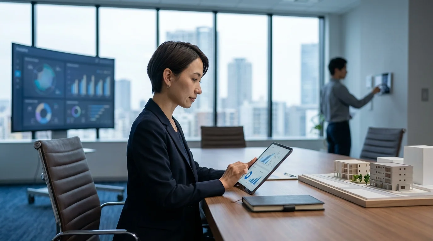 Modern business professional analyzing retail data on a tablet device, integrating digital analytics with physical business operations in a high-tech office setting.