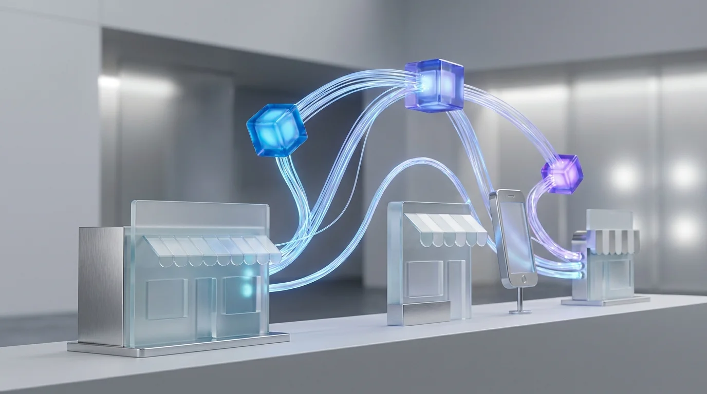 Abstract representation of a connected business network showing digital nodes and physical touchpoints, emphasizing the technological backbone of OMO strategy.