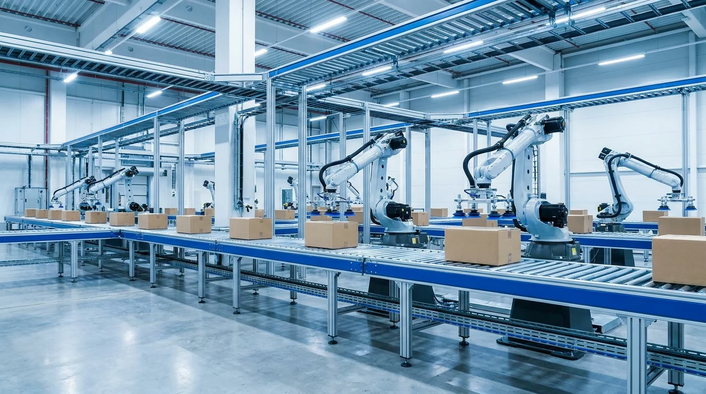 Detailed view of an automated warehouse fulfillment center where robotic arms and conveyor belts process e-commerce orders to minimize internal lead time and operational friction.