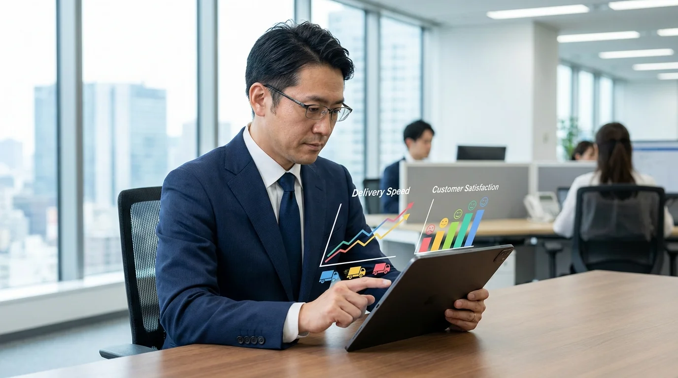 Professional business data analyst reviewing logistic performance metrics on a tablet screen, focusing on delivery speed trends and customer satisfaction scores in a corporate office setting.