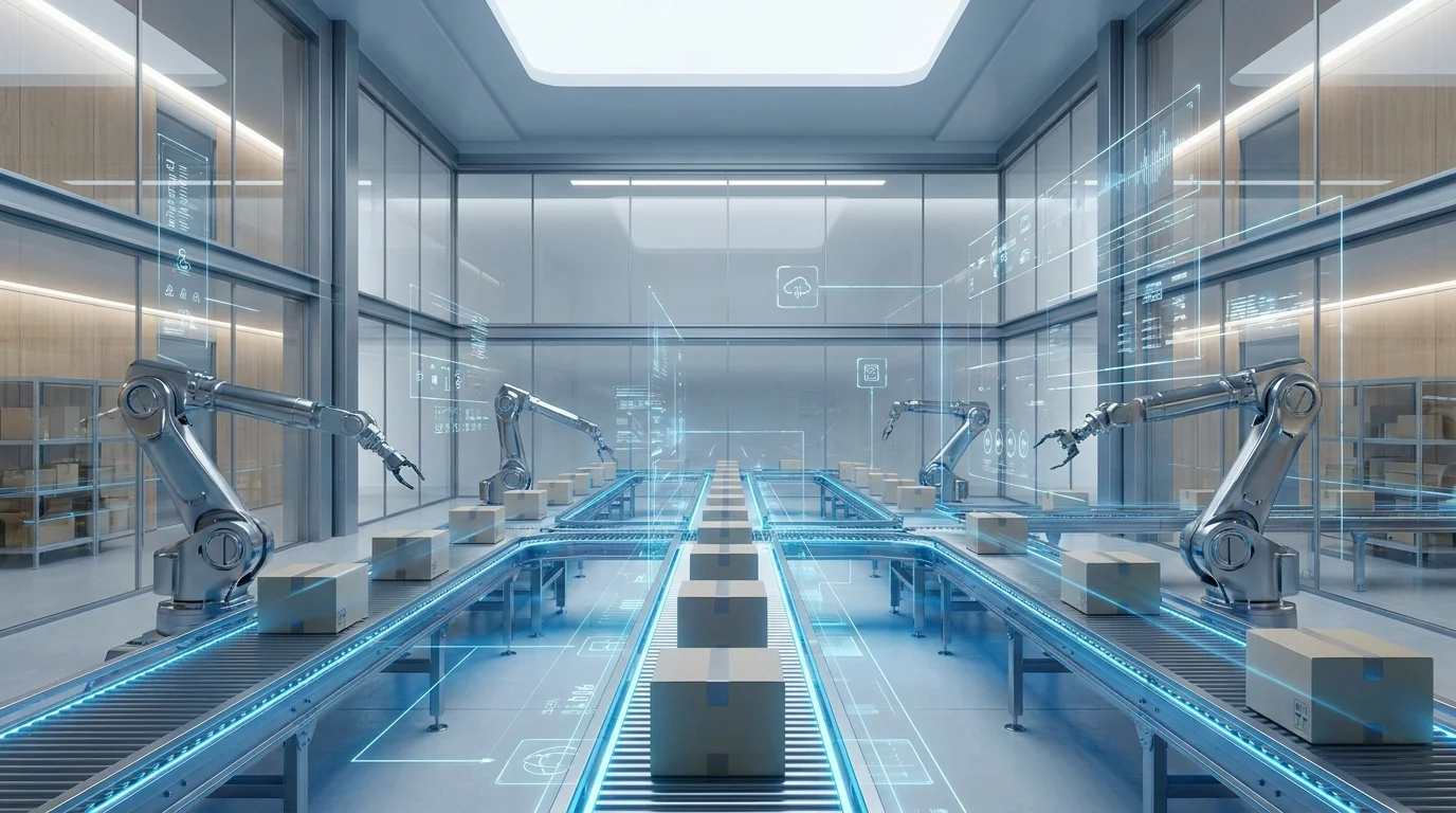 Conceptual 3D visualization of a futuristic automated logistics warehouse with robotic arms, conveyor belts, and digital data overlays representing high-efficiency EC fulfillment systems.