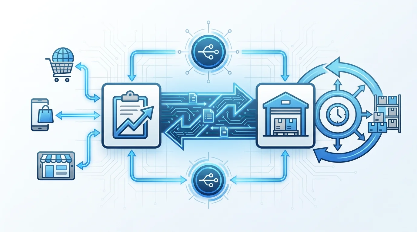 A technical diagram showing the seamless data flow between Order Management Systems (OMS) and Warehouse Management Systems (WMS), highlighting API connectivity and real-time inventory synchronization across multiple e-commerce platforms.