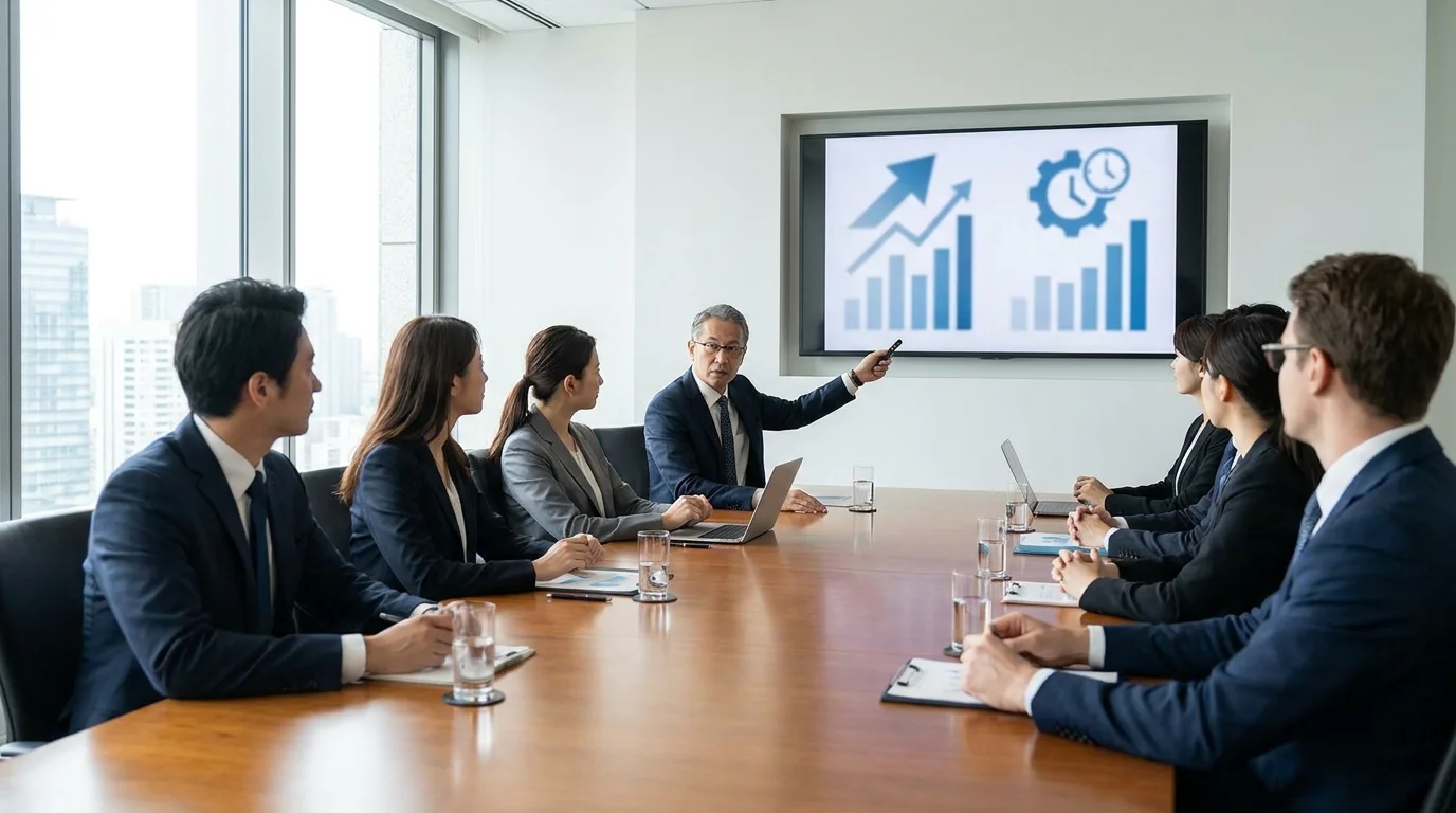 Business strategy meeting focused on ROI optimization in logistics, featuring data charts on a screen showing reduced error rates and increased shipping speed through automated fulfillment workflows.