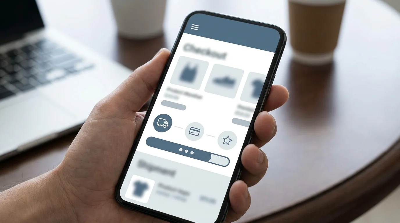 Detailed close-up of a mobile smartphone showing a seamless e-commerce checkout UI with intuitive navigation buttons and progress indicators for a smooth user experience in digital shopping.
