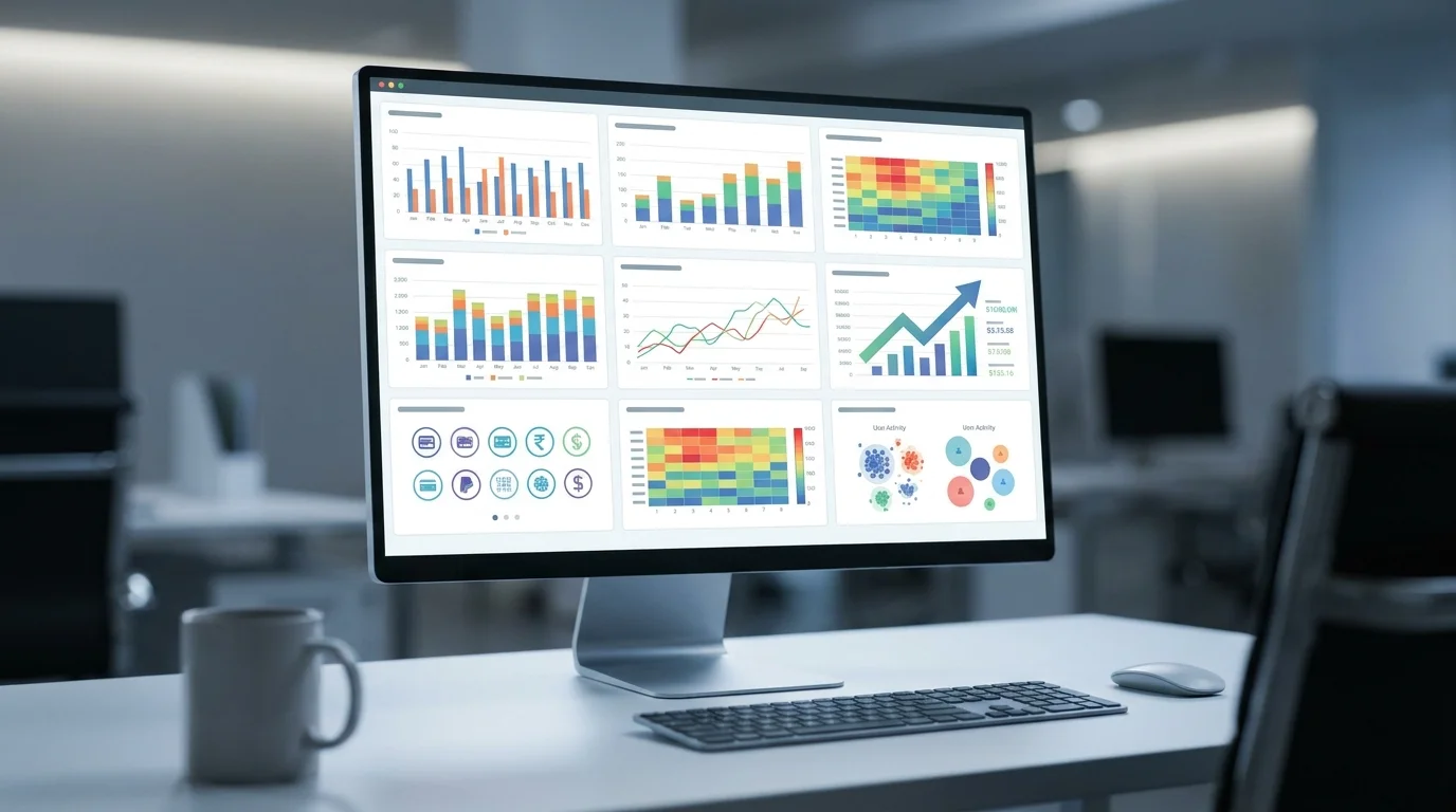 Professional business data analysis screen showing various payment gateway integration statistics, revenue growth charts, and customer behavior analytics for an optimized e-commerce platform.