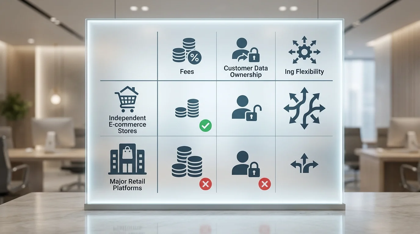 A detailed business matrix comparing marketplace fees, customer data ownership, and branding flexibility between independent e-commerce stores and major retail platforms.