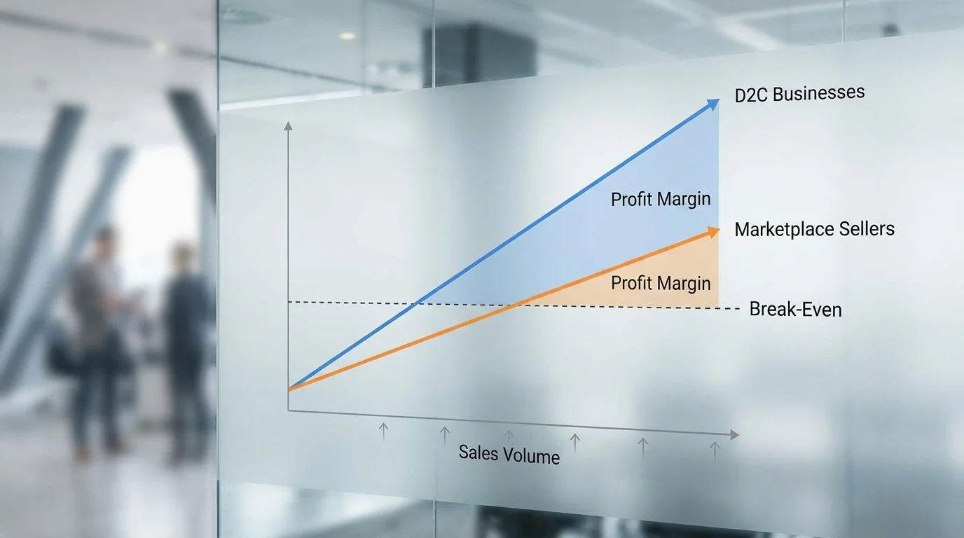 A financial graph showing the break-even point and profit margin trends for direct-to-consumer businesses versus marketplace sellers as sales volume increases.