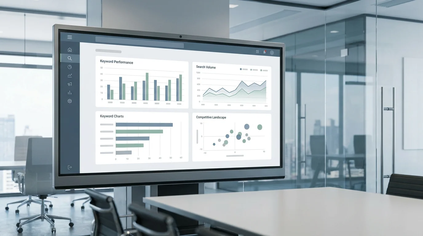 An analytical dashboard showing keyword performance metrics, search volume trends, and competitive landscape data for e-commerce products in a professional business setting.