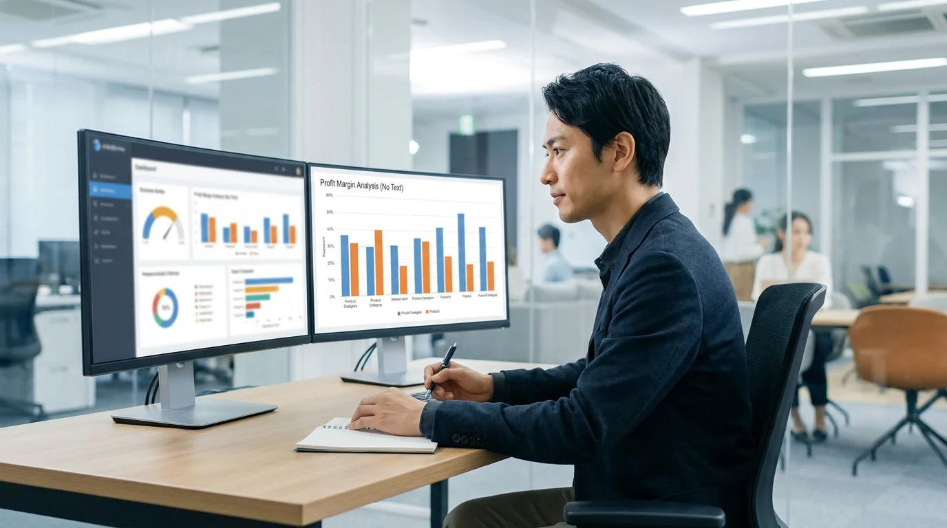 A professional data scientist analyzing e-commerce profit margins across different categories using advanced business intelligence tools and comparative bar charts for financial planning.